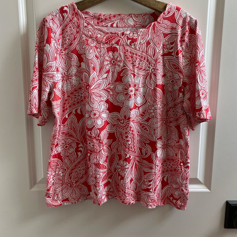 Talbots Women's Red White Floral 100% Cotton Short Sleeve Top, XL